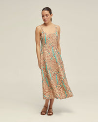 ELODIE LINEN BLEND PRINTED DRESS WOMENS DRESSES