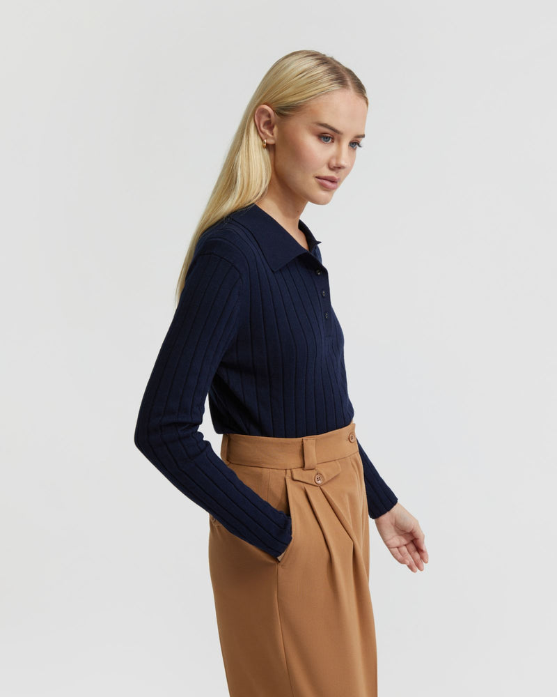 RACHEL CASHMERE BLEND RIB KNIT POLO - AVAILABLE ~ 1-2 weeks WOMENS KNITWEAR