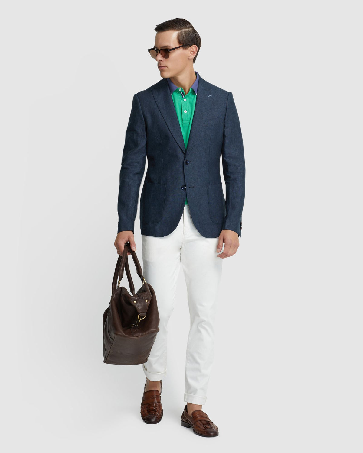 Blue Linen Blazer with Beige Pants