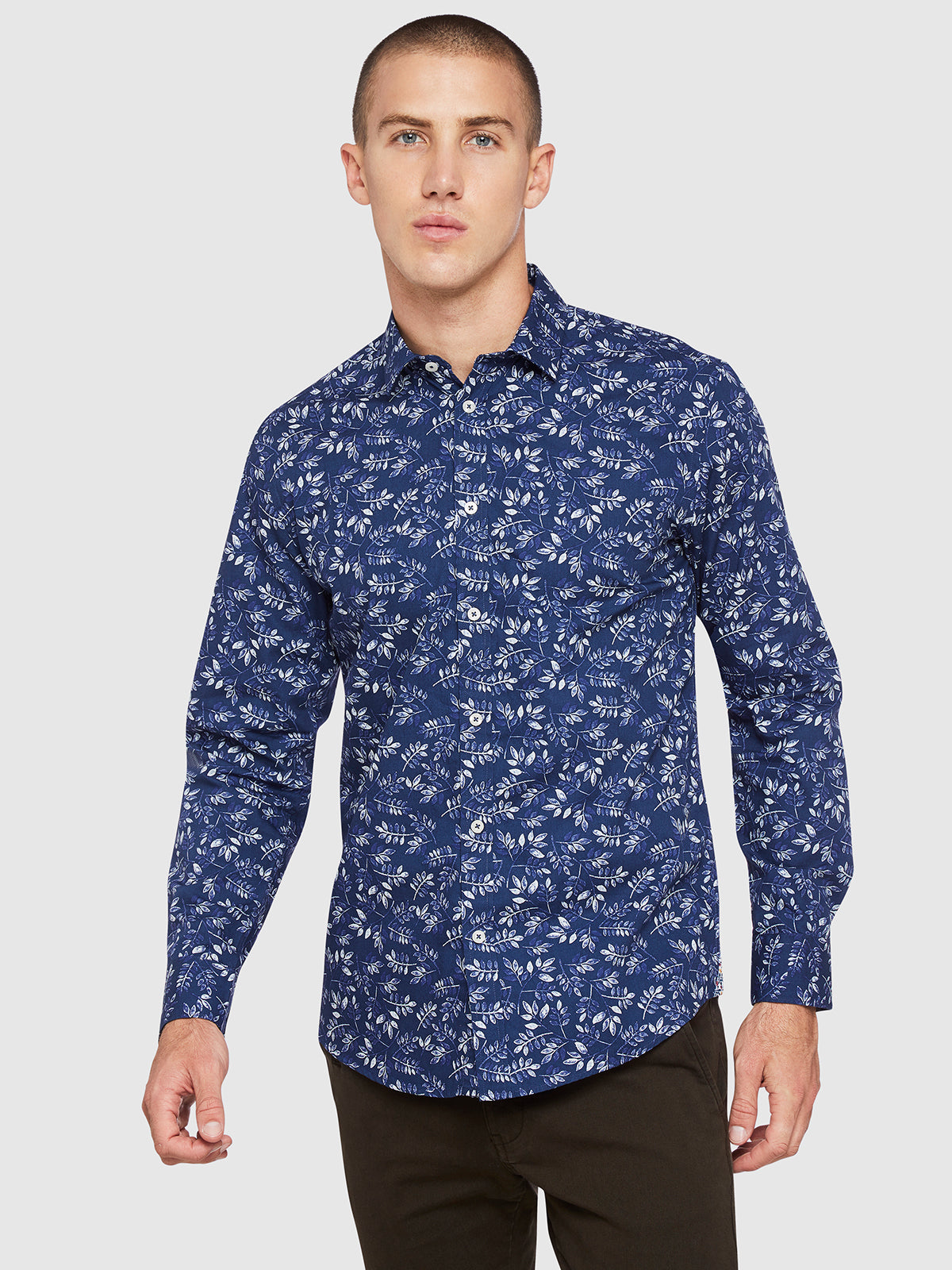 KENTON LEAVES PRINTED SHIRT NAVY/WHITE