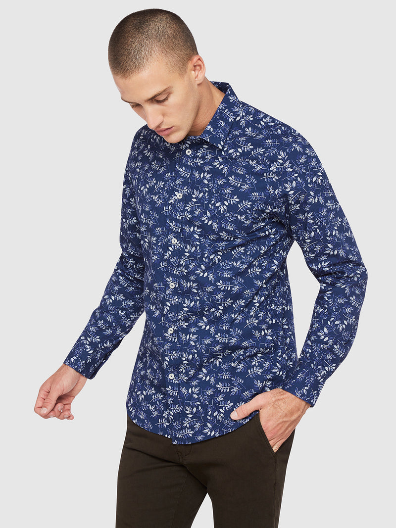 KENTON LEAVES PRINTED SHIRT NAVY/WHITE