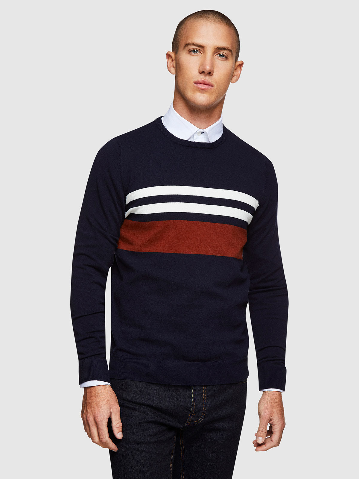 OTTO BLOCK STRIPE CREW NECK KNIT