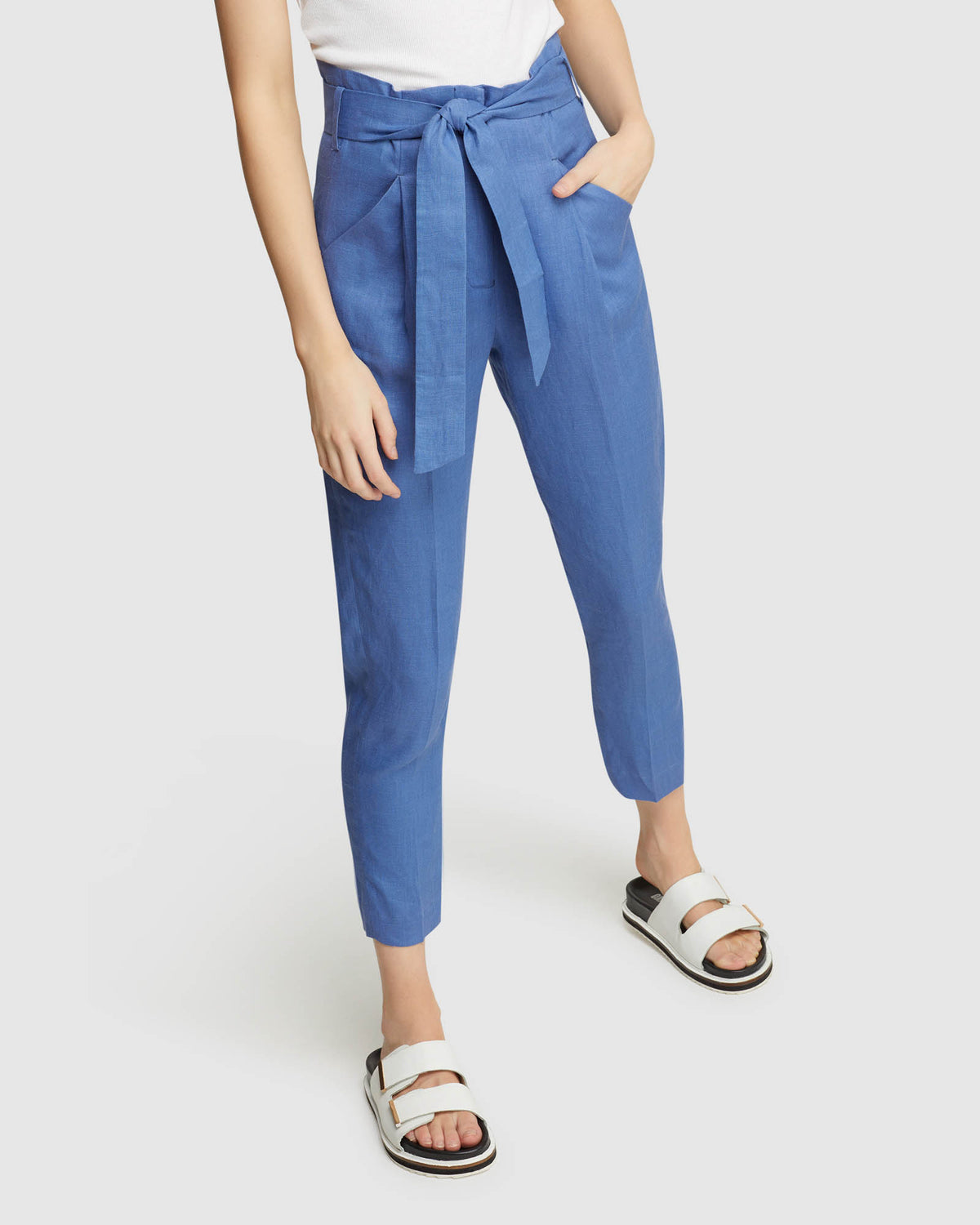 Natural fitted linen pants with paper bag waist | Linen Boutique