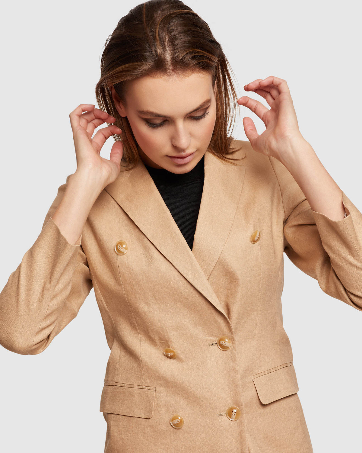Uptown Aesthetic Beige Linen Belted Double-Breasted Blazer