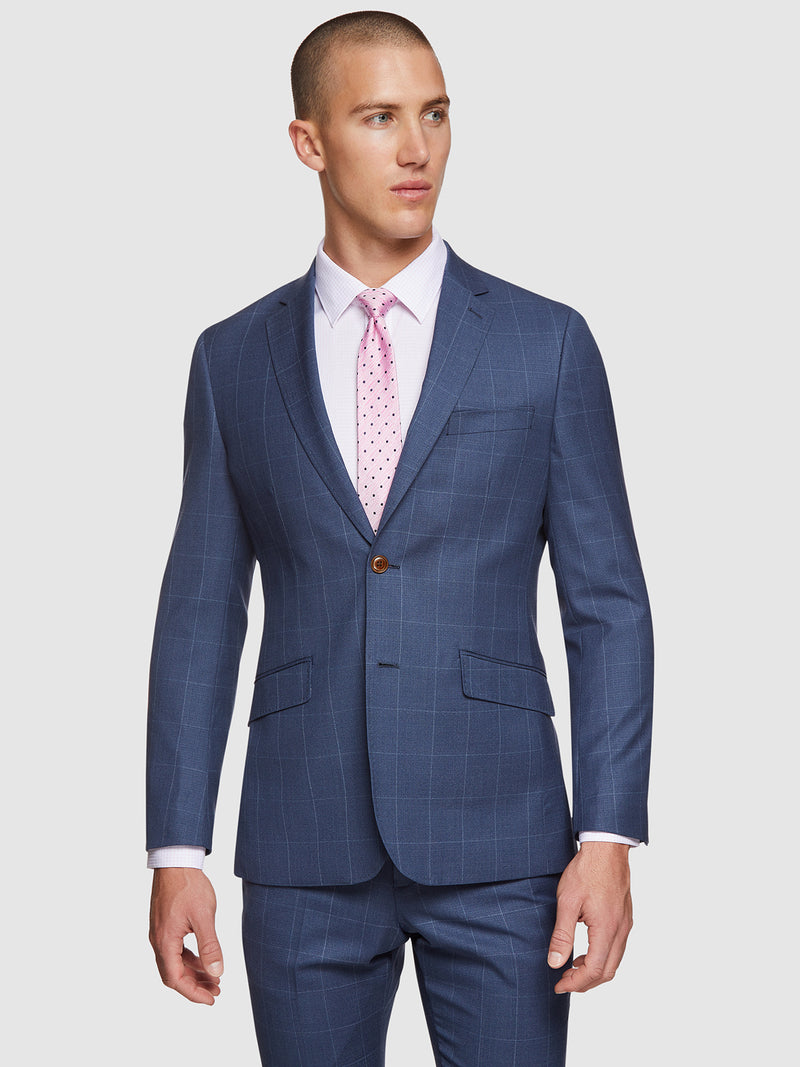 N.HOPKINS WOOL STRETCH CHECK JACKET PETROL BLUE