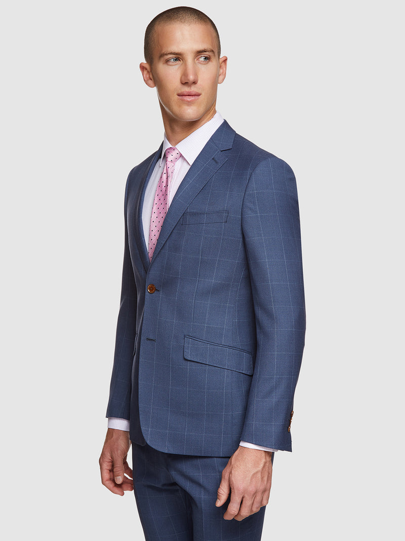 N.HOPKINS WOOL STRETCH CHECK JACKET PETROL BLUE