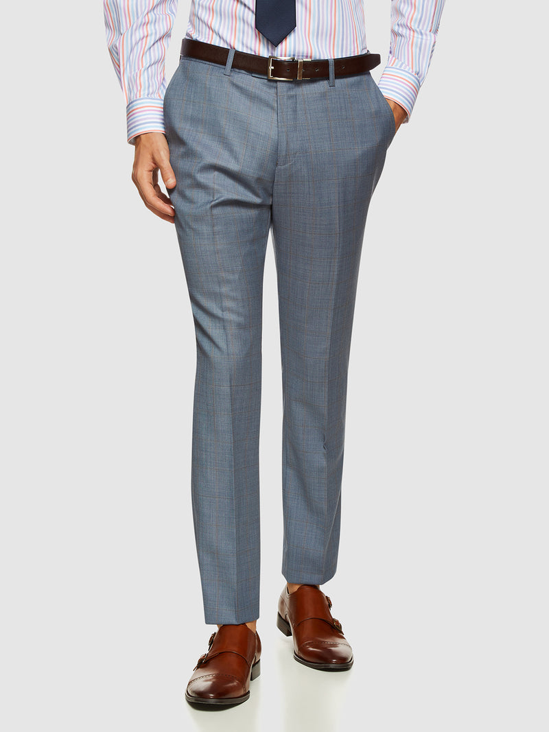 HOPKINS WOOL STRETCH CHECK TROUSERS PALE BLUE