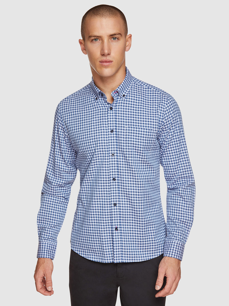 STRATTON TWILL CHECKED SHIRT PETROL BLUE