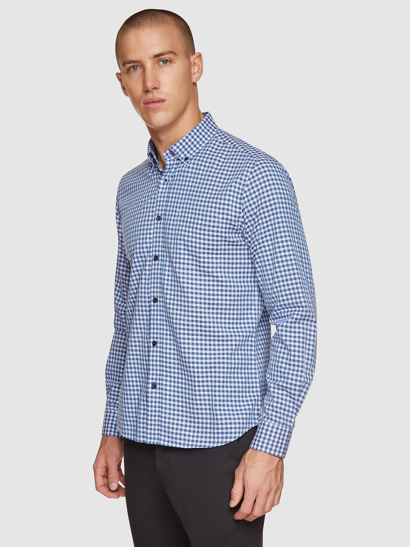 STRATTON TWILL CHECKED SHIRT PETROL BLUE