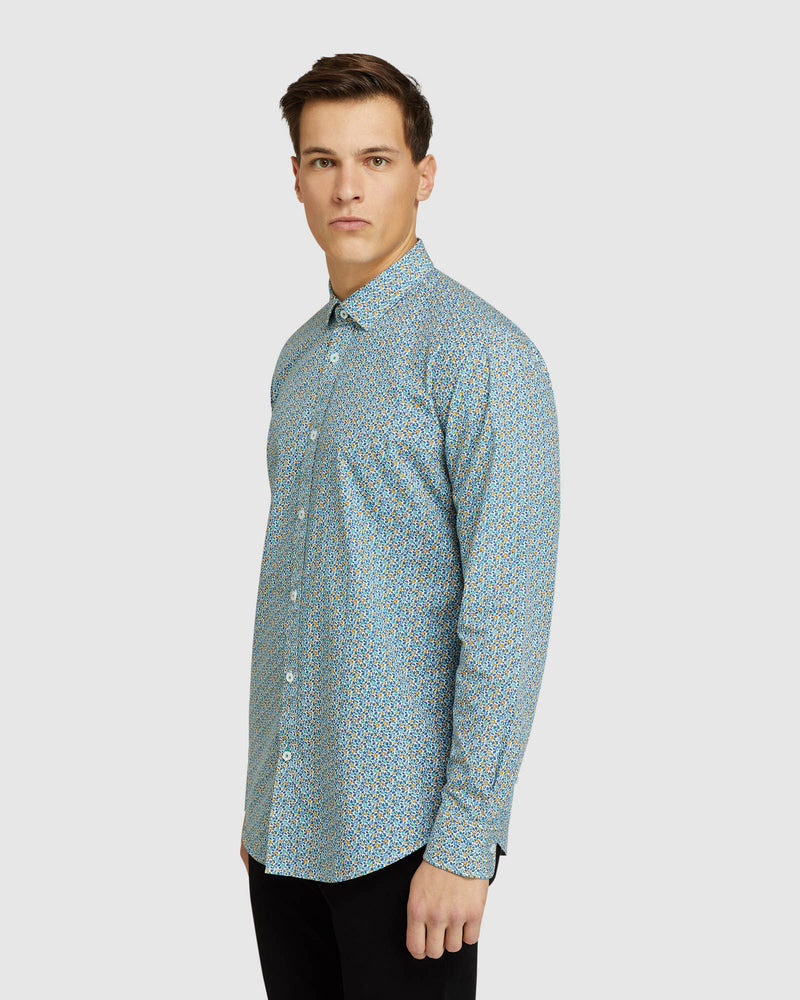 KENTON FLORAL PRINT REGULAR SHIRT AQUA/TAN