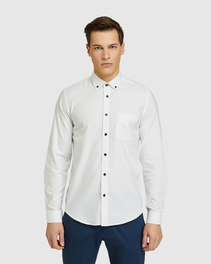 STRATTON OXFORD WEAVE PRINTED SHIRT WHITE/NAVY