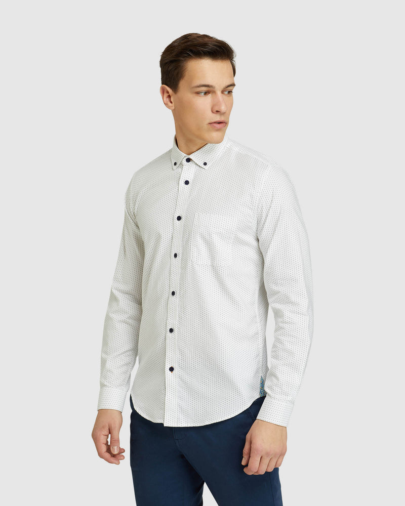 STRATTON OXFORD WEAVE PRINTED SHIRT WHITE/NAVY