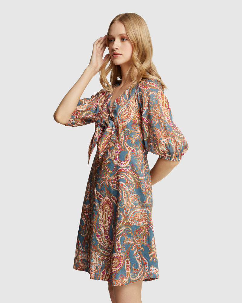 DENA COTTON PAISLEY PRINT DRESS BLUE MULTI