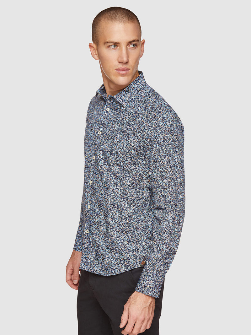 KENTON FLORAL PRINTED LUXURY SHIRT BLUE/TAN MULTI